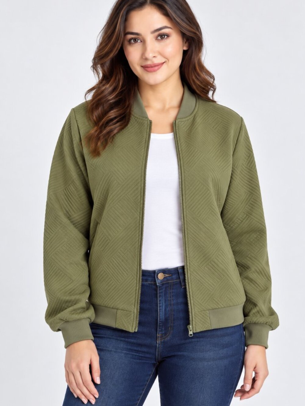 Sage Green Textured Bomber Jacket Size M New